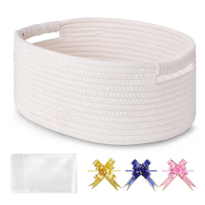 Small Woven Basket with Gift Bags and Ribbons, Empty Baby Gift Baskets, Shelf Storage, Small Cat Dog Pet Toy Boxes, 13”X 9”X 5.5”, Light Pink