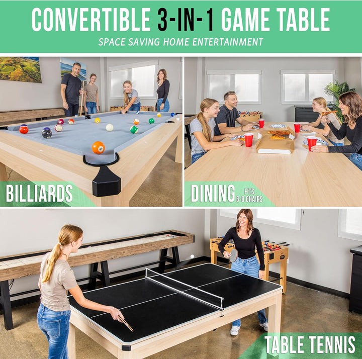 7 Ft 3 in 1 Pool, Dining, & Table Tennis Combo Table and Storage Benches - Convertible Top Game Table with Billiards and Table Tennis Accessories