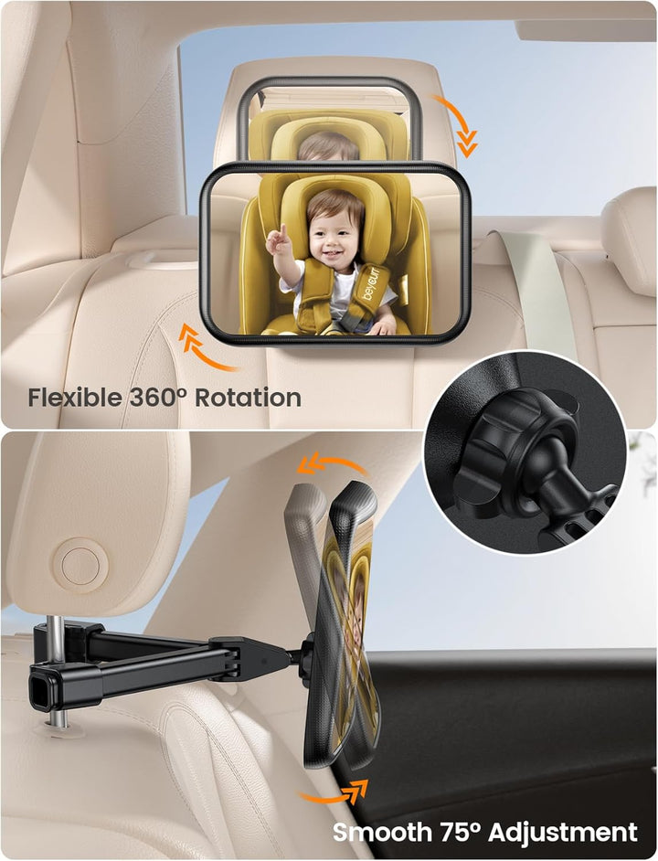 Baby Car Mirror for Backseat - [2025 Safest Triangle Hook Clip] Acrylic Car Seat Mirror for Rear Facing, 360° Rotation & Wide Clear View, 3S Quick Install, Newborn Baby Essentials Accessories