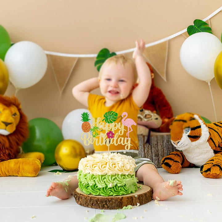 1Pc Tropical Luau Happy Birthday Cake Topper Glitter Palm Tree Flamingo Pineapple Aloha Cake Pick Decorations for Hawaiian Luau Theme Birthday Party Supplies