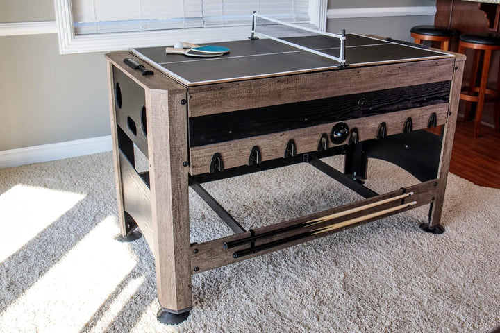 56” 4-In-1 Swivel Multi-Game Table - Air Hockey, Billiards, Foosball, Ping Pong - Rustic Wood Grain Finish, Brown