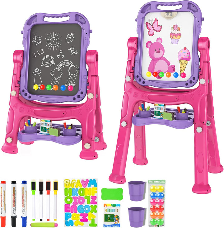 Easel for Kids, Adjustable Standing Art Easel for Toddler, Double Side White Chalk Board with Painting Accessories, Birthday Christmas Gift for Little Girls and Boy Age 3 4 5, Pink
