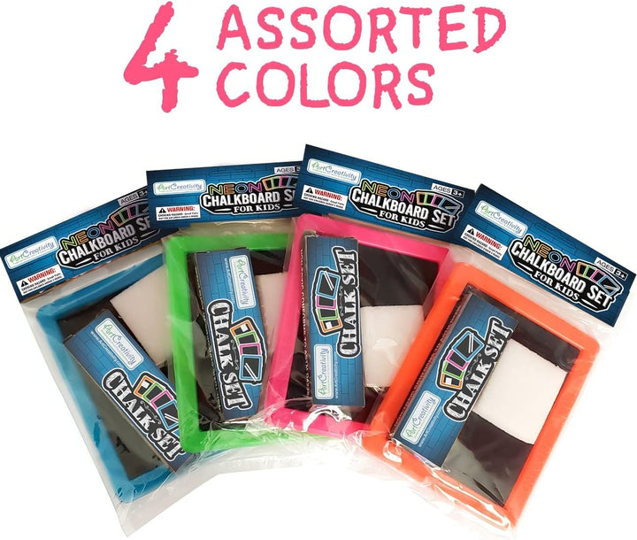 Neon Chalkboard Set for Kids - 12 Kits - 1 Mini Chalk Board, 2 Chalk Sticks, and 1 Eraser per Kit - Art Birthday Party Favors for Boys and Girls, Unique Stationery Goodie Bag Fillers