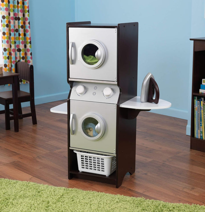 Laundry Playset Children'S Pretend Wooden Stacking Washer and Dryer Toy with Iron and Basket, Espresso, Gift for Ages 3+