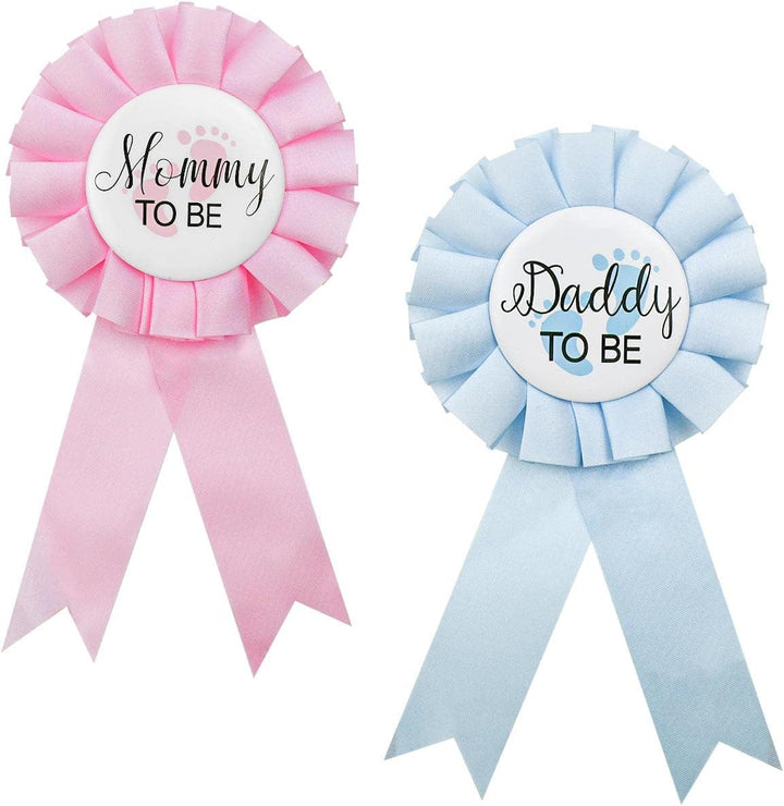 2 Pieces Daddy and Mommy to Be Tinplate Badge Pin, Celebration Gender Reveal Party Favor New Dad Mom Gifts Rosette Buttons with Ribbon Baby Shower Decorations (Pink + Blue)