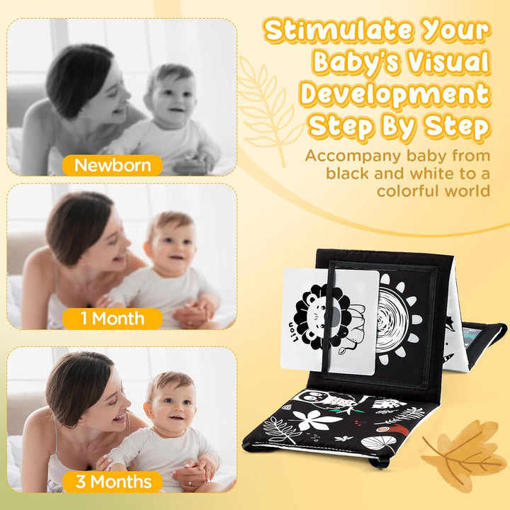 Tummy Time Mirror Toys, High Contrast Black and White Baby Toys for Newborn, Baby Boy Girl Gifts, Visual Stimulation Learning Activity Cards, Soft Baby Book, Montessori Infant Toys 0-12 Months