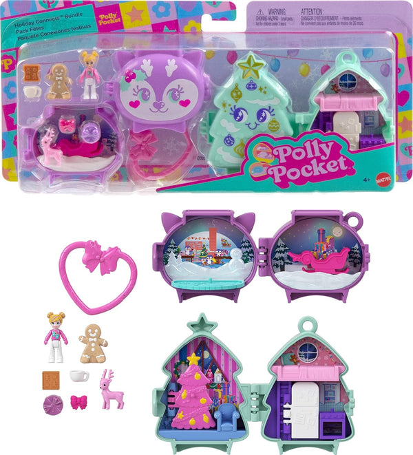 Mini Toys, Holiday Stackable Compact Playset Bundle with Micro Doll, Accessories, Pet Animal, Travel Toy with Clip