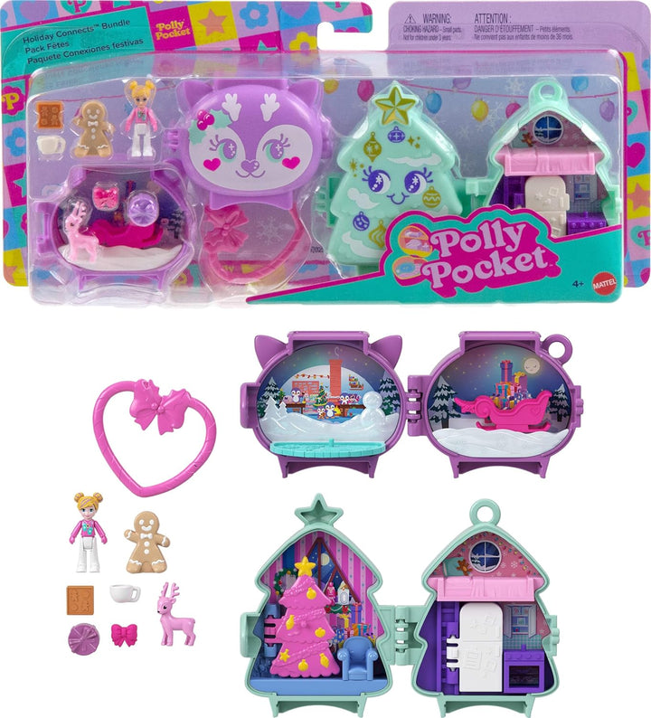 Mini Toys, Holiday Stackable Compact Playset Bundle with Micro Doll, Accessories, Pet Animal, Travel Toy with Clip