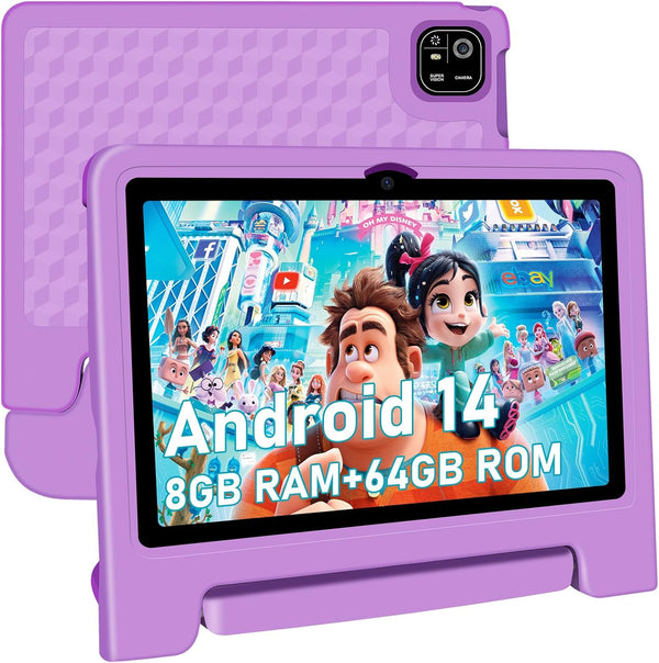 Tablet for Kids, 10.1 Inch IPS HD Touchscreen Android 14 64 GB Storage, 8GB RAM, Octa Core Kids Tablet, Parental Controls, 12-Hr Battery, Wifi, GPS - Purple