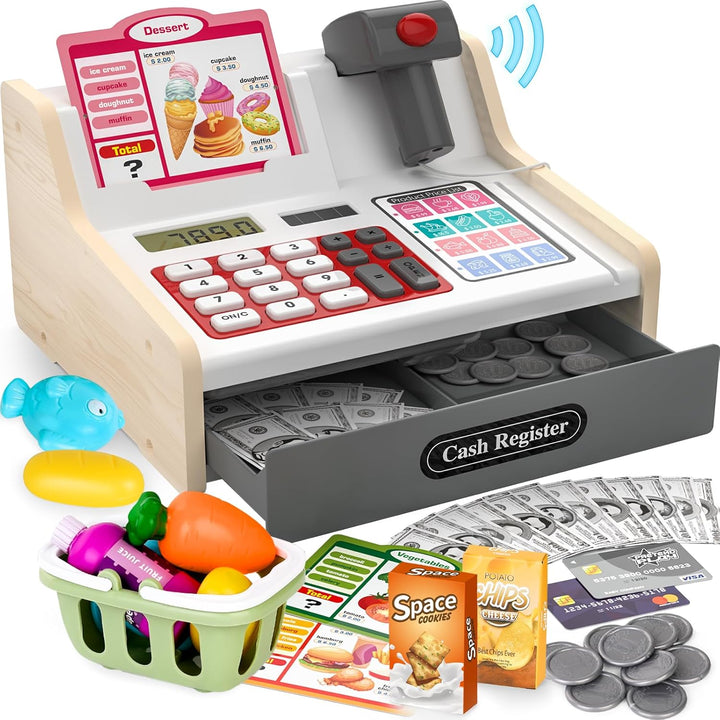 2025 Wooden Toy Cash Register for Kids,Rechargeable Counting Wood Cash Register Toys, Kids Cash Register with Scanner Realistic for Boy Girl Age 2-4 4-8, Pretend Toy Role-Playing Birthday Ideals Gift