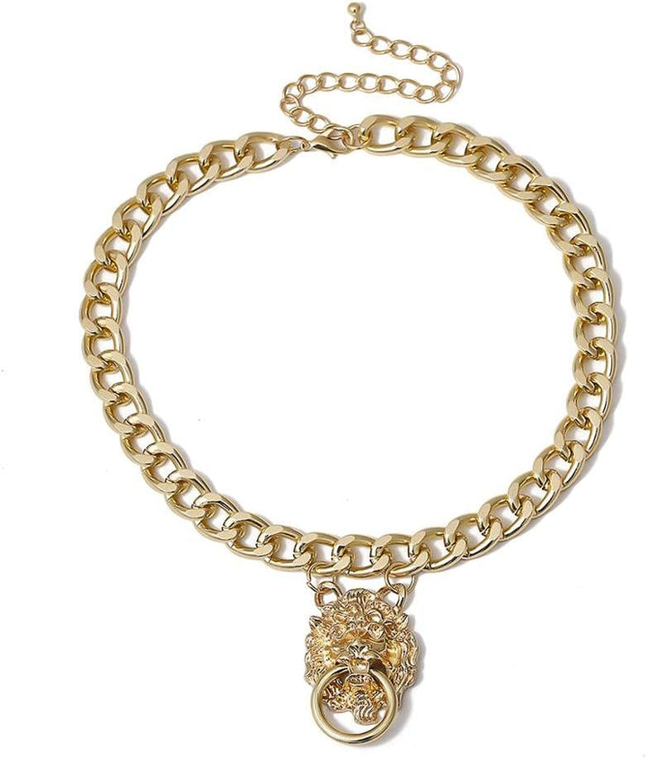 Punk Hip-Hop Gothic Short Chain Exaggerated Metal Lion Head Pendant Collar Necklace Women'S Gold Choker Jewelry Accessories