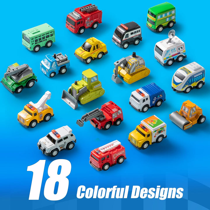 18 Pcs Pull Back City Cars and Trucks Toy Vehicles Set, Friction Powered Cars Toys for Toddlers, Boys, Girls’ Educational Play, Kids Stocking Stuffers, Treasure Box Gifts for Classroom