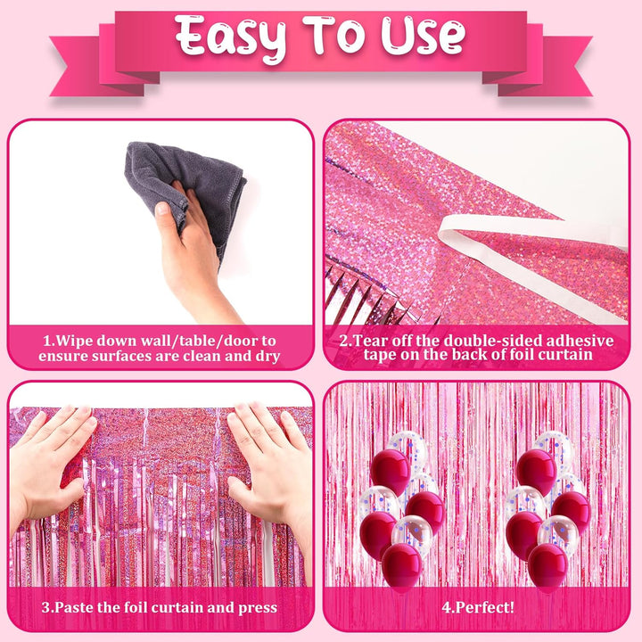 2 Pack Laser Pink Tinsel Foil Fringe Curtains, Mothers Day Pink Decorations, Metallic Tinsel Party Streamers Backdrop for Birthday Bachelorette Graduation Wedding Party Decorations