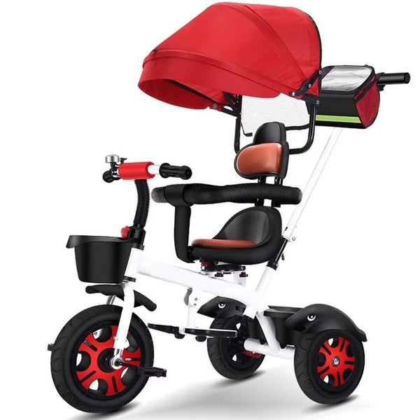 Reversible Seat Toddler Stroller Buggies, Children Pram with Canopy, High Back Guardrail and Belt, Parent Steering Tricycle Handle(White Red,No Headlight)
