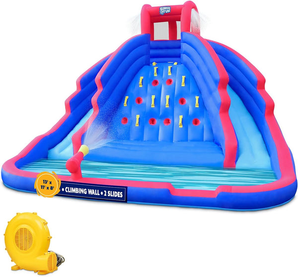 Ultra Climber Inflatable Water Slide Park – Heavy-Duty for Outdoor Fun - Climbing Wall, Two Slides & Splash Pool – Easy to Set up & Inflate with Included Air Pump & Carrying Case