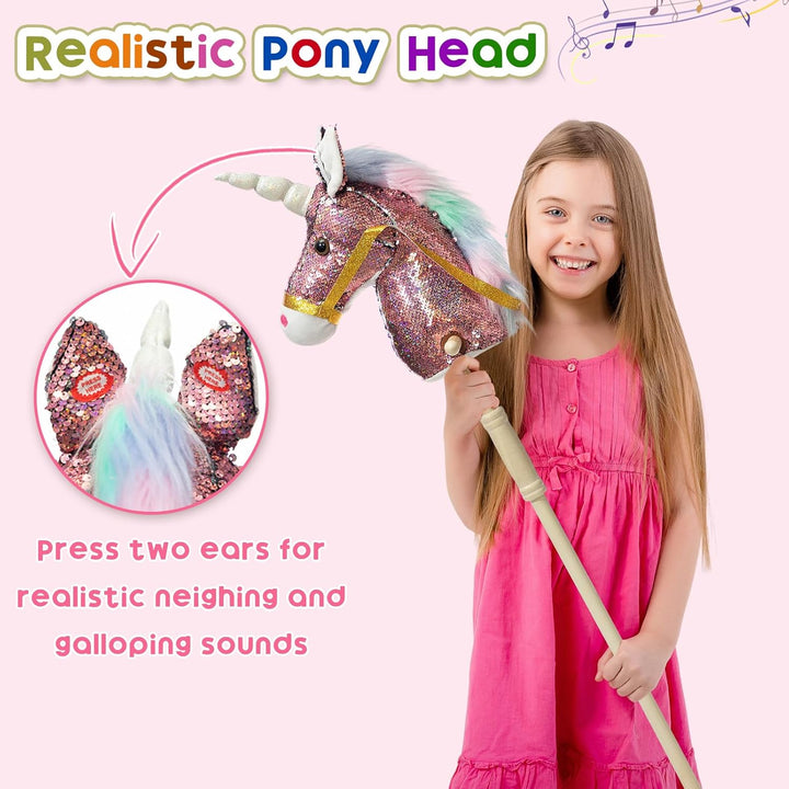 Sequin Unicorn Stick Horse Handcrafted Hobby Horse on a Stick with Wood Wheels Real Pony Neighing and Galloping Sounds Plush Unicorn Toy Pink 36 Inches(Aa Batteries Required)