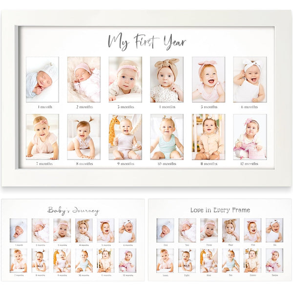 My First Year Picture Frame, Baby'S First Twelve Months Photo Collage and Gender Neutral Keepsake, Ideal for Baby Shower, New Mom Gift and Nursery Decort, Displays One 5X7 Photo and Twelve 2X3 Pictures