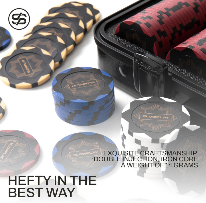 14G Clay Poker Chips Set for Texas Hold'Em, 500 PCS, with Numbered Values, Art Deco Style, and Carrying Case