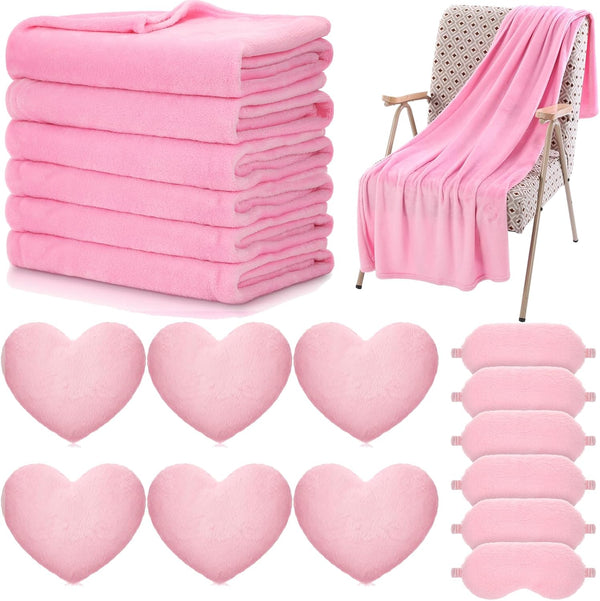 18 Pcs Kids Sleepover Party Supplies Set for Girls Fleece Soft Blankets Fluffy Heart Throw Pillow Plush Sleep Eye Mask for Spa Camping Birthday Favors(Light Pink)