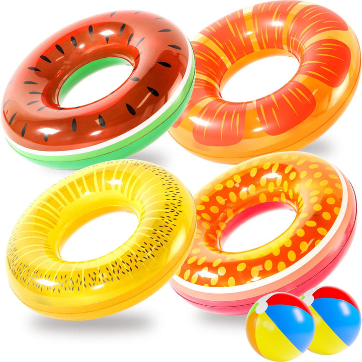 6 Pack Pool Floats Kids, Pool Swim Tubes Rings(4 Pack) - 4Pcs Inflatable Big Floaties Beach Swimming Toys with 2Pcs Beach Balls for Adults Raft Floaties Toddlers