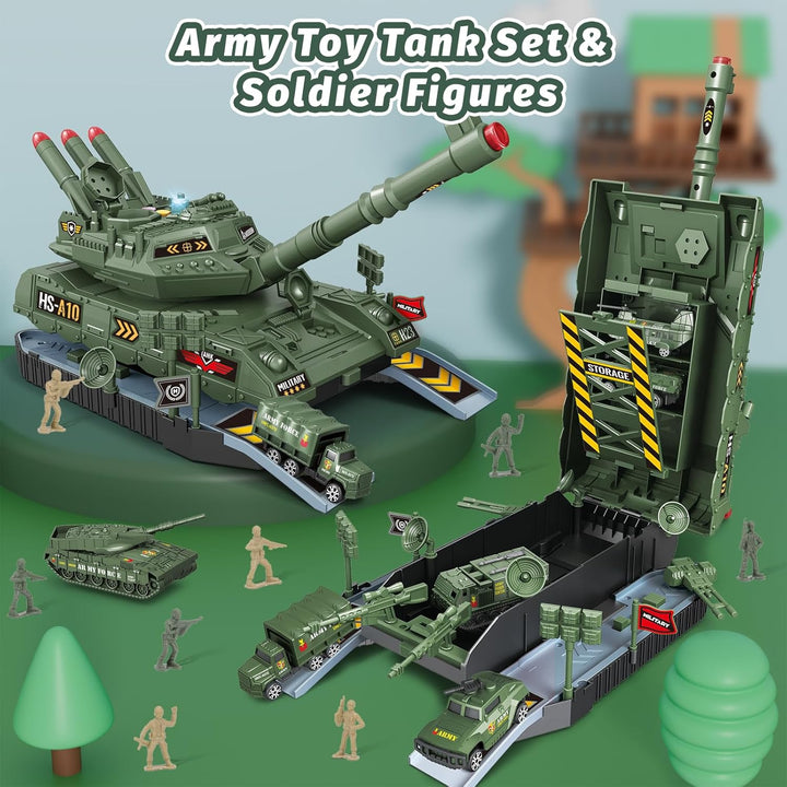 6-Piece Die-Cast Army Tank Set for Boys 3-6, with 8 Soldier Figures, Military Toys with Light & Sound, Launchable Missile Tanks
