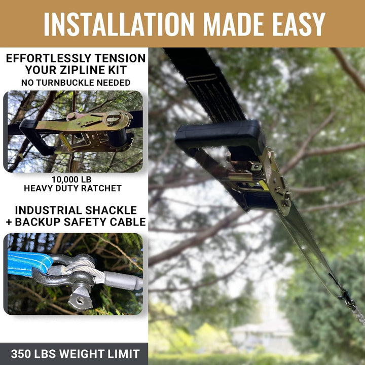 Zip Line for Kids and Adults up to 350 Lbs, 100/150/200 Ft Backyard Zipline Kit with Safety Harness, Quick Setup, Spring Brake System, Cushioned Seat, Rustproof Stainless Steel Cable