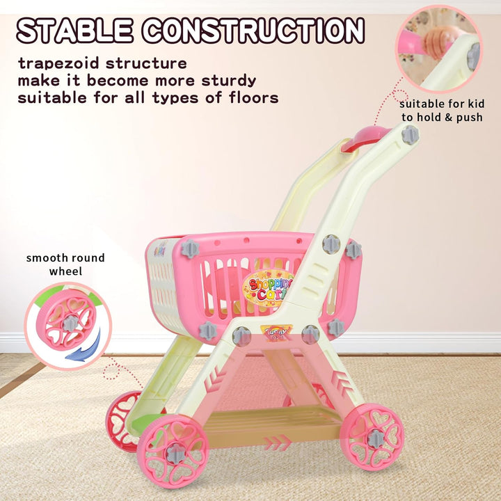 Kids Shopping Cart - 2 in 1 Toy Shopping Cart with Play Food Fruit Vegetable Dessert and Shop Accessories, 72Pcs Pretend Play Grocery Store Toy Kitchen Game Trolley Play Set for Kids (Pink)