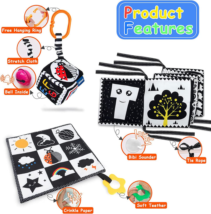 3 PCS Black and White High Contrast Baby Toys Newborn Toys 0-6 Months, Visual Stimulation Sensory Soft Book, Infant Tummy Time Toys 0-3-6 Months Baby Gifts