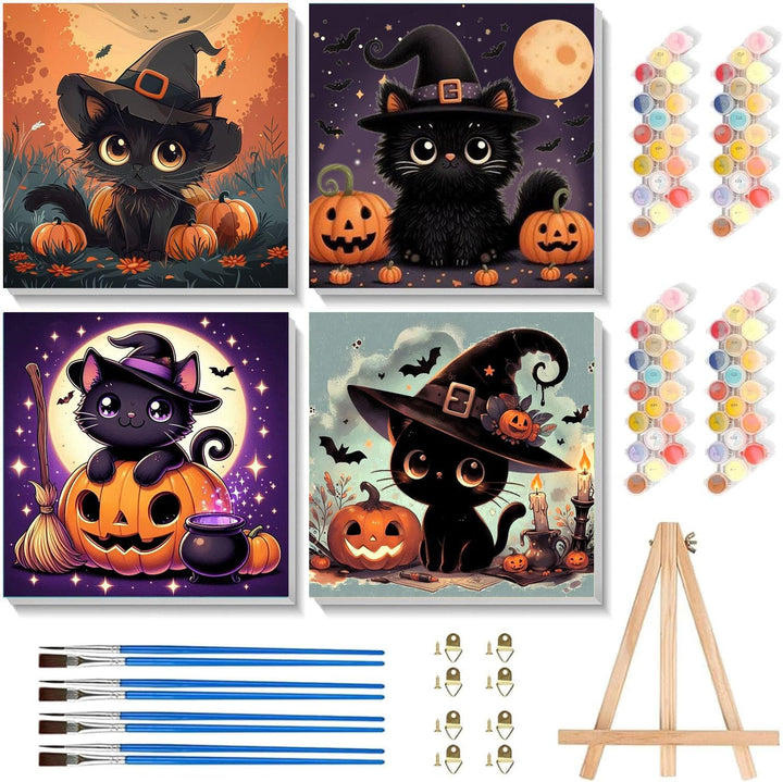 2 Pack Paint by Numbers Kit for Kids with Frame-Wooden Easel, Halloween Paint by Numbers for Kids Ages 4 8 12, Easy Halloween Acrylic Oil Painting Kits for Home Wall Decoration 8X8 Inch