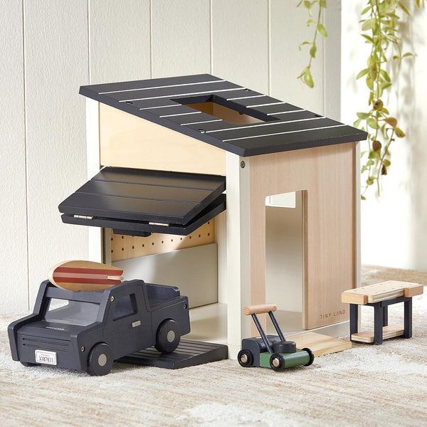Wooden Dollhouse Garage Toy Set – Realistic Design with Garage, Workbench, Lawn Mower, and SUV Car – Ideal Gift for Kids