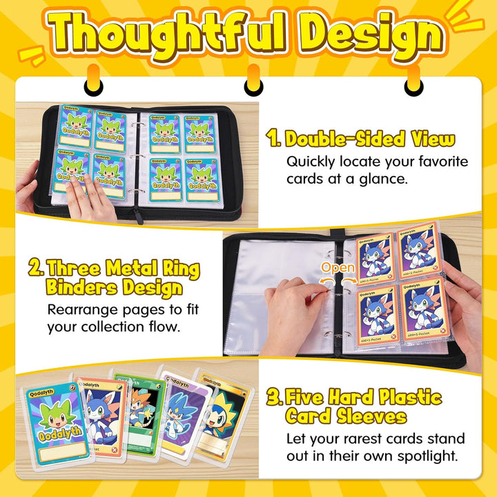 Card Binder – 4 Pocket Zipper Collection Album, Premium PU Holder, Double-Sided Display for 400 Cards, Includes 5 Hard Plastic Sleeves for Game Cards, Sports Cards