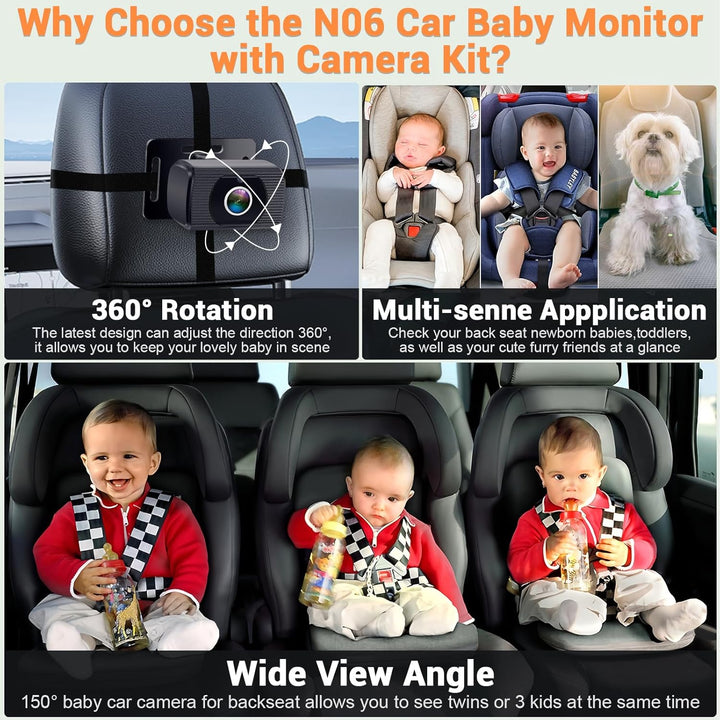 Baby Car Camera HD 1080P - Rear-Facing Infant Monitor with Night Vision Car Camera for Baby 150° Wide-Angle Lens Anti-Glare Screen Easy Install 360° Adjustable Display