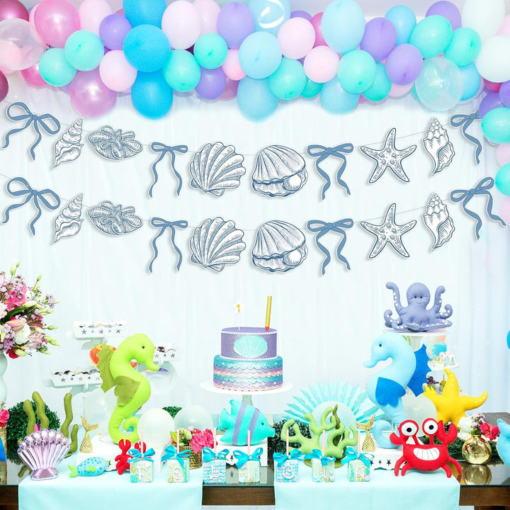 2 Pack Blue Bow Starfish and Seashell Garland 6.56 Ft Ocean Coastal Nautical Beach Party under the Sea Paper Bow Hanging Banner for Summer Birthday Wedding Bachelorette Mermaid Baby Shower