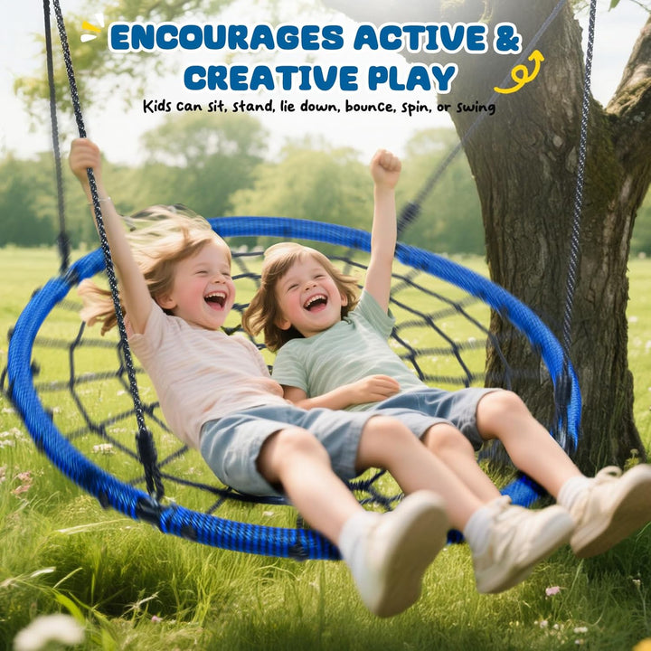 750Lbs 40" Spider Web Saucer Tree Swing for Kids Adults, Outdoor Net Swing with Steel Frame and 2 Hanging Straps-Blue