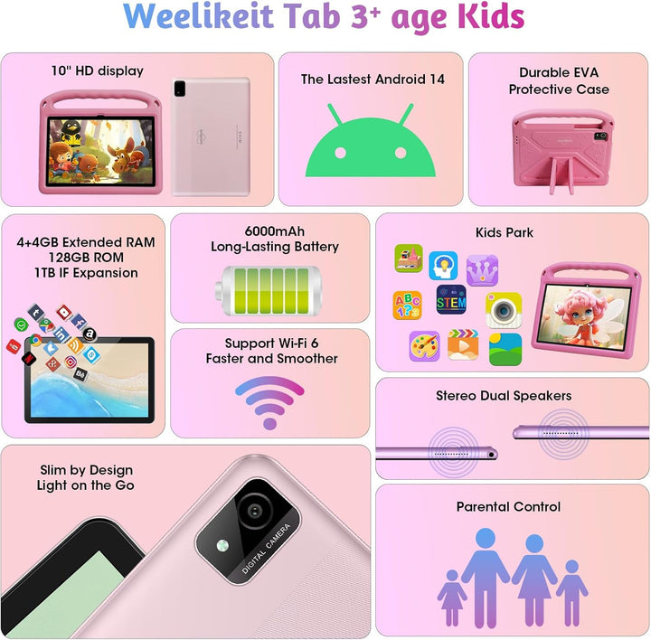 2025 Upgraded Kids Tablet, 10 Inch Android 14 Tablet for Kids, 8GB (4+4) RAM + 128GB Storage, 6000Mah Long Battery, Dual Cameras, Great Tablet for Toddlers, Case Included (Pink)
