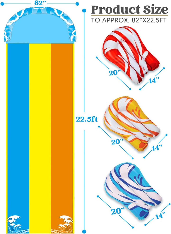 22.5Ft X 82In Waves Triple Lawn Water Slide,Heavy Duty Lawn Water S with 3 Body Boards and Slip Sprinkler for Kids Adults Backyard Summer Outdoor