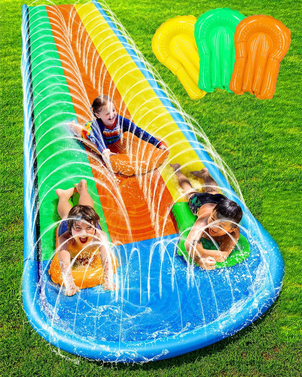 Lawn Water Slides 16Ft X 80In Triple Slide with Built-In Sprinkler and 3 Bodyboards for Kids Adults Backyard, Slip and Slide in Outdoor Water Toys during Summer Holiday