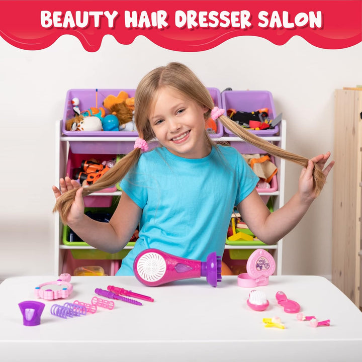 17Pcs Girls Beauty Salon Set, Pretend Play Doll Hair Stylist Toy Kit with Hairdryer, Mirror, Curling Iron and Other Accessories for Kids Toddler Fashion Cutting Makeup Party Favor, Birthday Gift