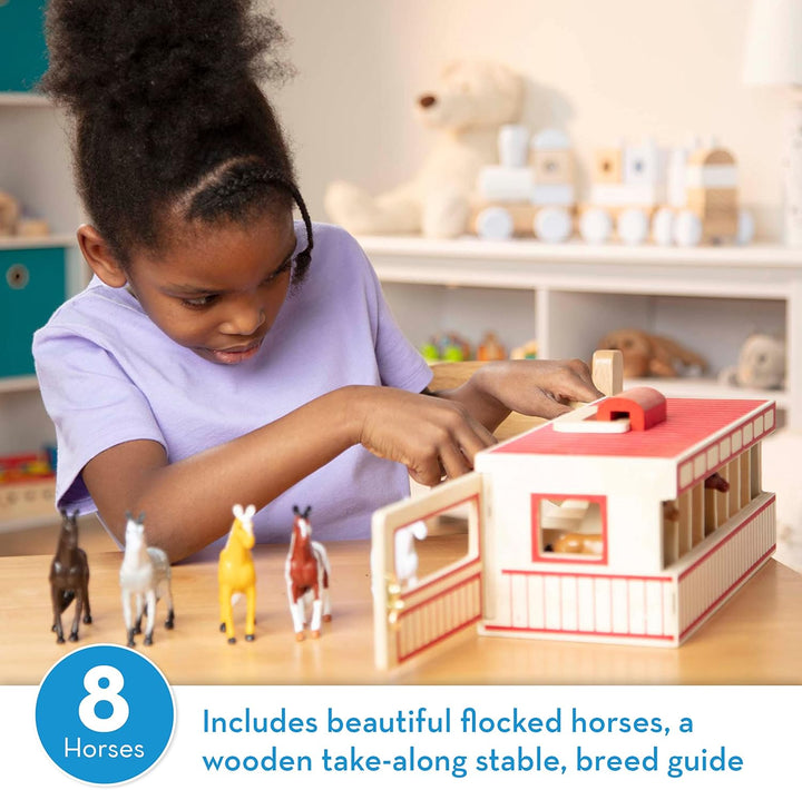 Take-Along Show-Horse Stable Play Set with Wooden Stable Box and 8 Toy Horses