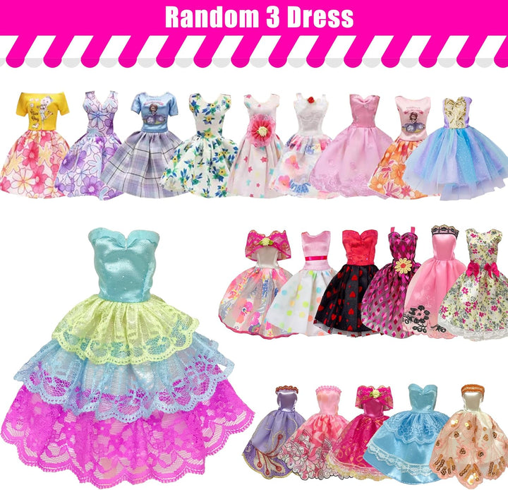 30 Pieces Doll Clothes and Accessories for 11.5 Inch Girl Dolls Including Random 5 Tops, 5 Pants, Random 3 Dresses, Random 3 Fashionable Dresses, Random 2 Swimwear, 6 Pairs of Shoes, 1 Bag, 5 Hangers