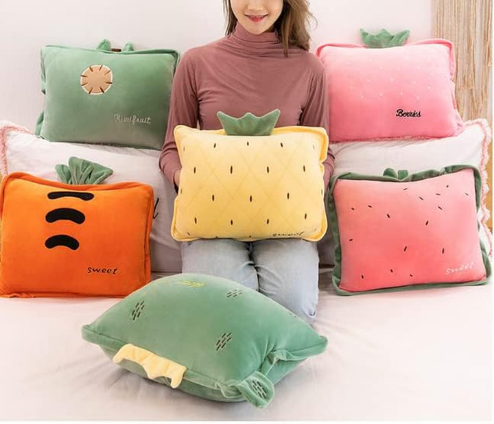15" Stuffed Fruit Travel Blanket and Pillow Set,3 in 1 Plush Stuffed Hugging Pillow with Warming Hands Pillow Blanket for Kids Gift Travel Airplane Train Bed Office Nap (Pink - Strawberry)
