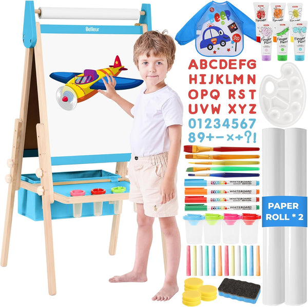 All-In-One Art Easel for Kids, Adjustable Double Sided Wooden Easel for Toddlers with Magnetic Whiteboard & Chalkboard, Paper Roll, Art Supplies, Child Painting Easel for Kid 2-8 Birthday Gift