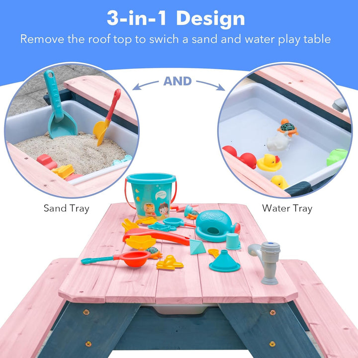 Kids 3-In-1 Sand & Water Table, Wood Outdoor Convertible Picnic Table with Umbrella, 2 Trays, Removable Top with Faucet, Picnic for Outdoor (Pink/Navy)