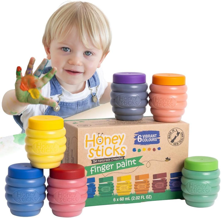 Non Toxic Finger Paint (6 Bright Colors), Washable from Skin, Safe Finger Painting for Toddlers, Kids Ages 1-3, 2-4, 3-5, Perfect First Paint for Little Artists Age 1+, Water Based, Eco