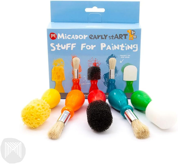 Early Start Stuff for Painting, 5-Piece Set - 3 Sponge + 2 Durable Bristle Brushes - Easy Grip - Rounded Handles - Ages 3+