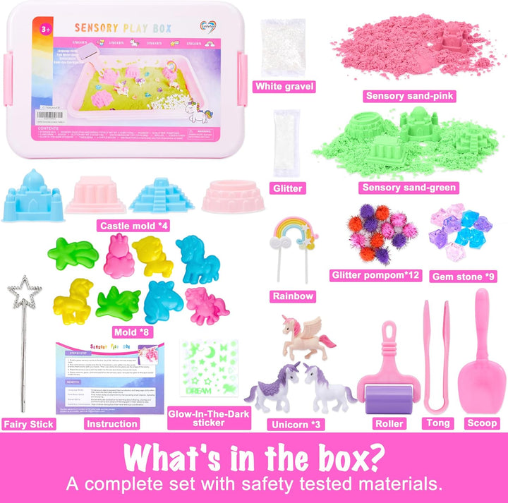 Unicorn Sensory Bin, Castle Molds, Sand Art Kit for Boys and Girls, Squishy Sand for Toddlers 3+