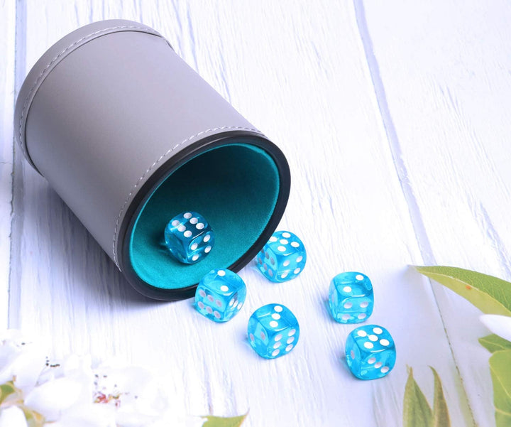 Dice Cup Set PU Leather and Felt-Lined, Quiet Shaking for Yahtzee Farkle Liars Dice Games, Includes Six 16Mm Regular Dice