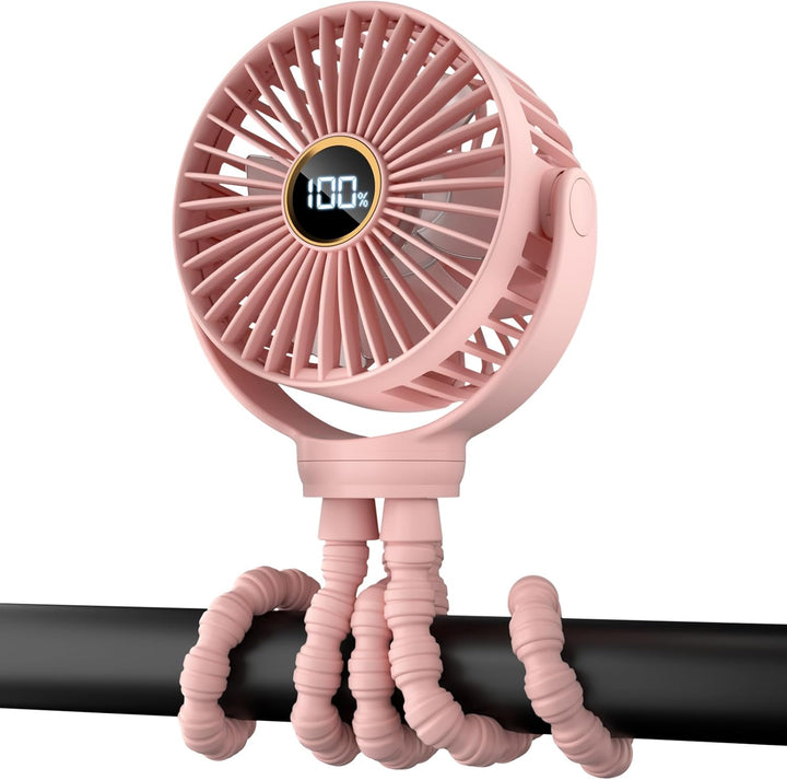 Portable Stroller Mini Fan, Small Rechargeable Personal Fan, Baby Travel Essentials for Wagon, Car Seat, Treadmill, Battery Powered Biking Gear Accessories, 360° Rotation, 3-Speed, Display, Black