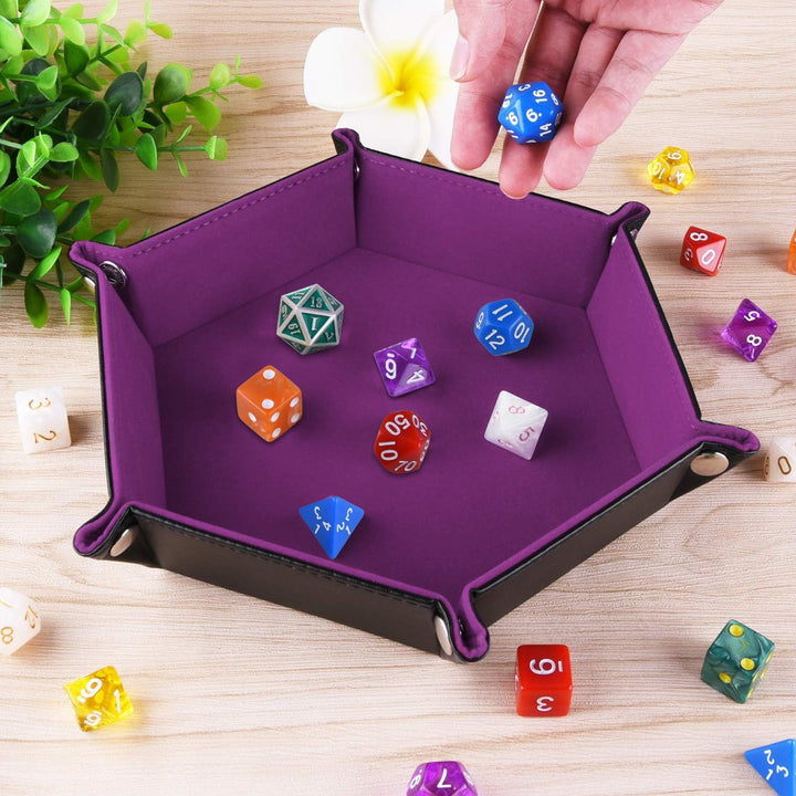 Double Sided Dice Tray, Folding Hexagon PU Leather and Velvet Dice Holder for Dungeons and Dragons RPG Dice Gaming D&D and Other Table Games, Dark Violet