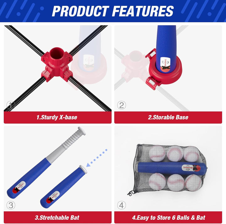 3-In-1 Baseball Set for Kids 3-5 - Tee Ball Stand, Hanging Tee, Ball Launcher and 6 Softballs - Adjustable Height, Indoor/Outdoor Sport Gifts for Boys, Blue